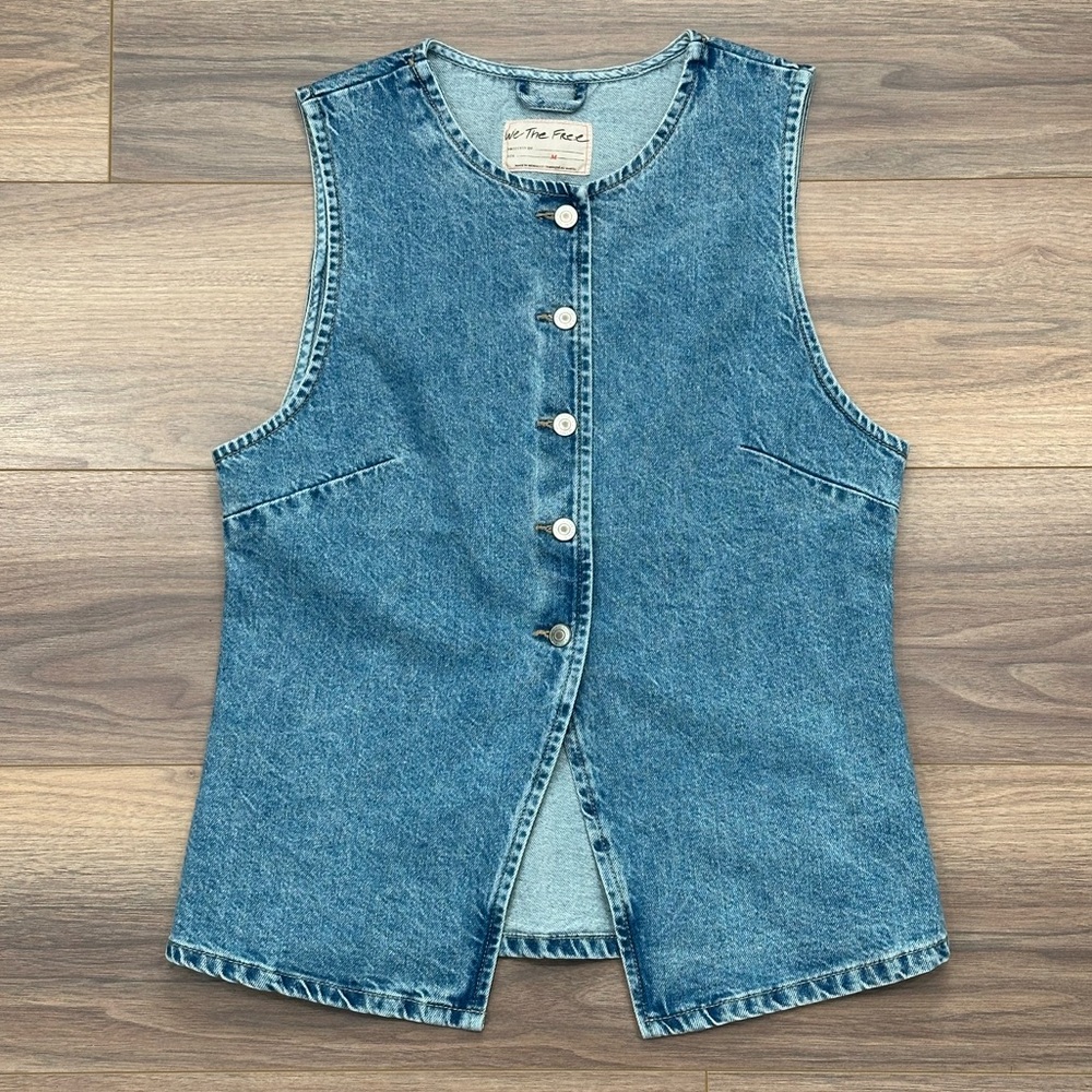 We The Free Blue Denim Button Front Vest
